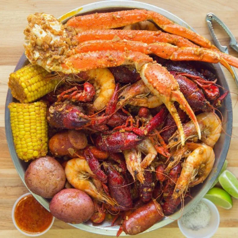 Seafood boil packed with snow crab, crawfish, shrimp and veggies at Wild Crab House, a Seafood Restaurant in Staten Island